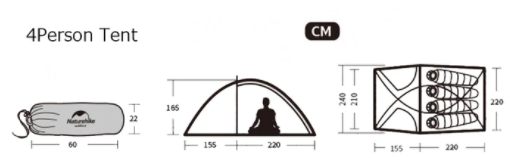 Naturehike『ハイビー 4 キャンピングテント』のサイズ・スペック