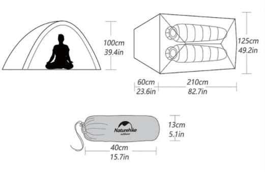 Naturehike『クラウドアップ 2 ウルトラライトテント 210T』のサイズ・スペック