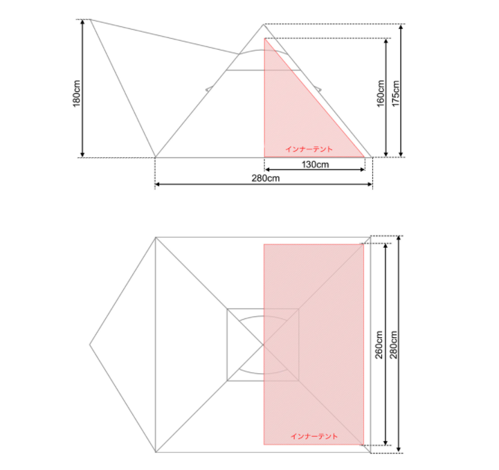 フィールドア『フォークテントTC280プラス』のサイズ・スペック