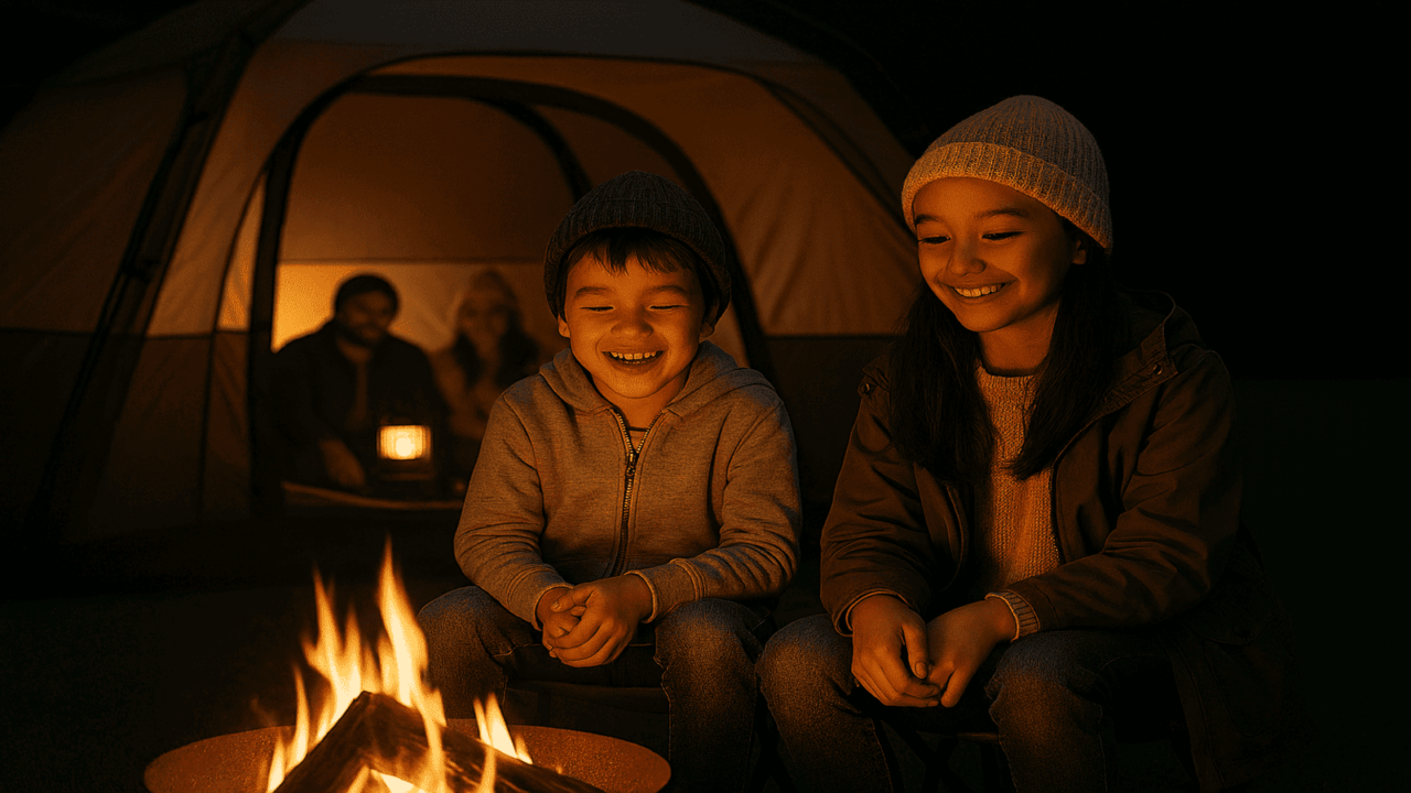 家族が焚き火を囲んで楽しむ夜のキャンプシーン