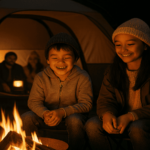 家族が焚き火を囲んで楽しむ夜のキャンプシーン